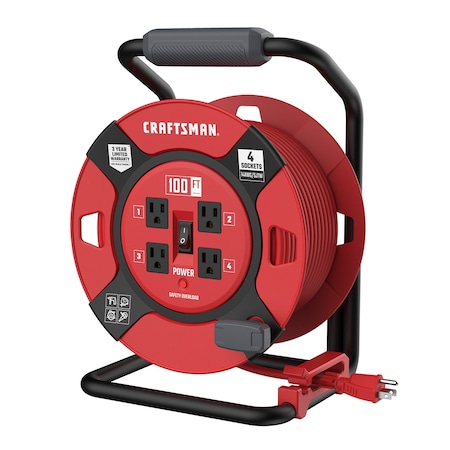 Craftsman Cord Reel With Hand Lamp, Hand Operated, 14 AWG, Red Reel Color, 4 Outlets CMXCRPA14100